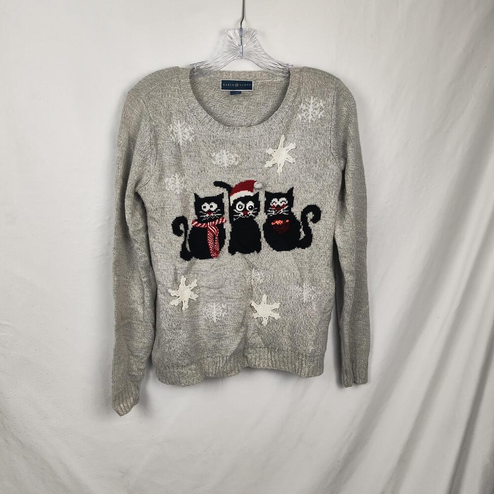 Karen Scott Sweater Womens Small Gray Cat Ugly Christmas Sequin Pullover Knit